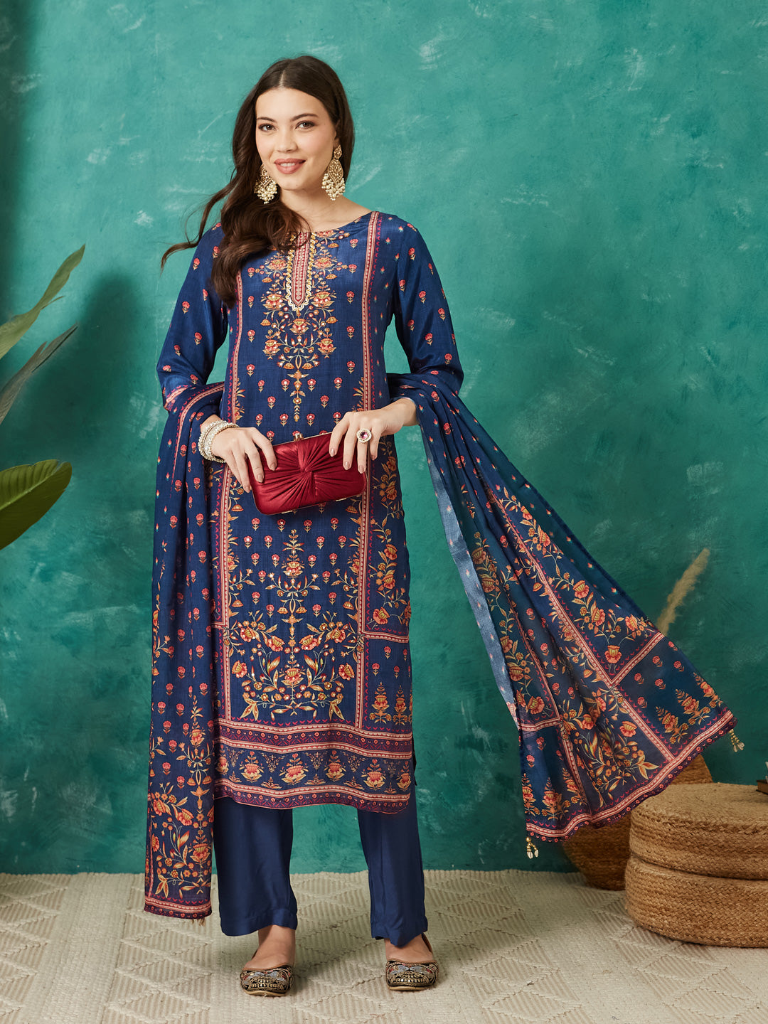VASVI Women Crepe Printed Adda Work Kurta Set with Dupatta, Blue