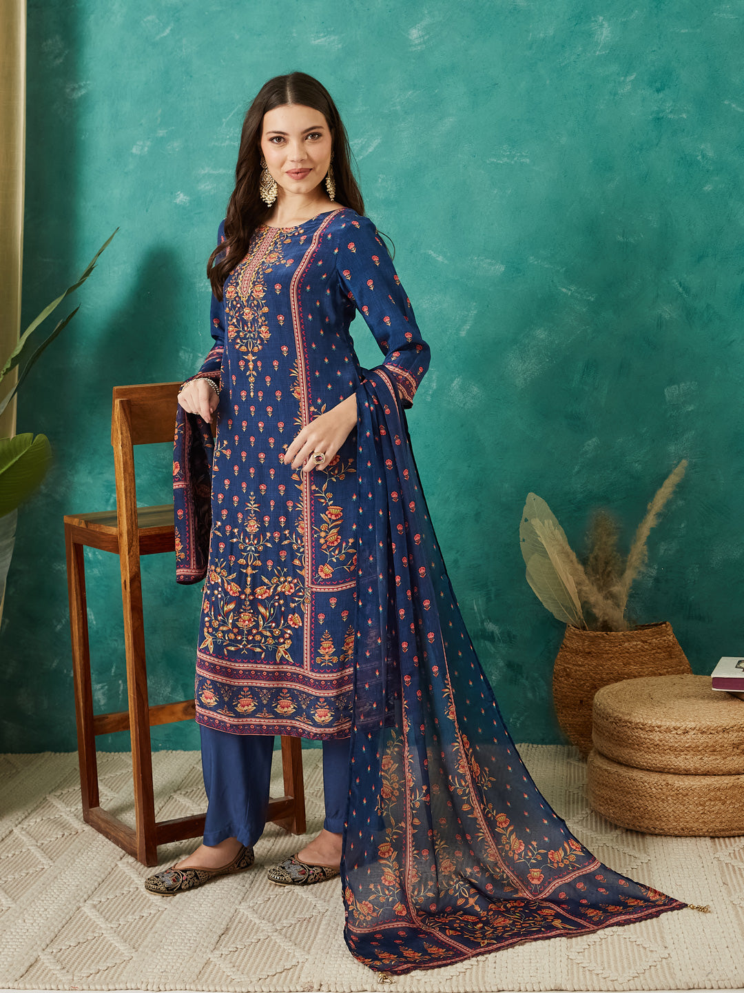 VASVI Women Crepe Printed Adda Work Kurta Set with Dupatta, Blue