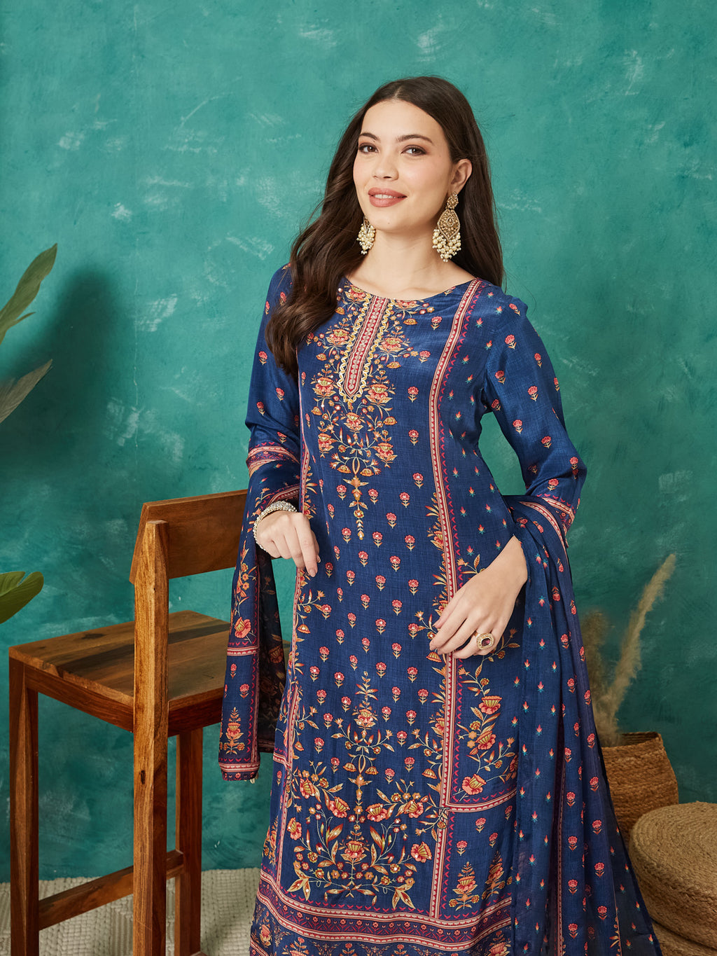 VASVI Women Crepe Printed Adda Work Kurta Set with Dupatta, Blue