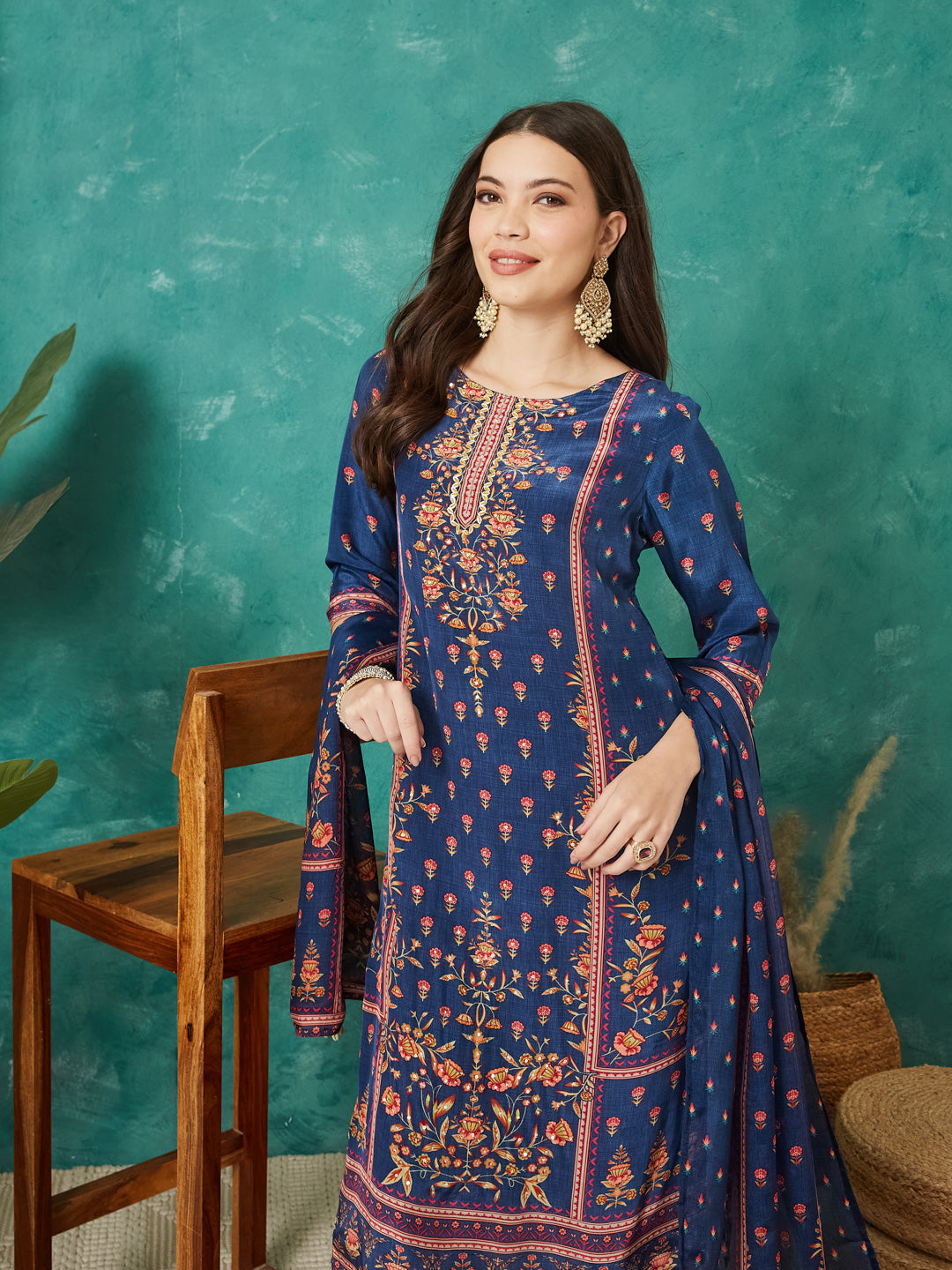 VASVI Women Crepe Printed Adda Work Kurta Set with Dupatta, Blue