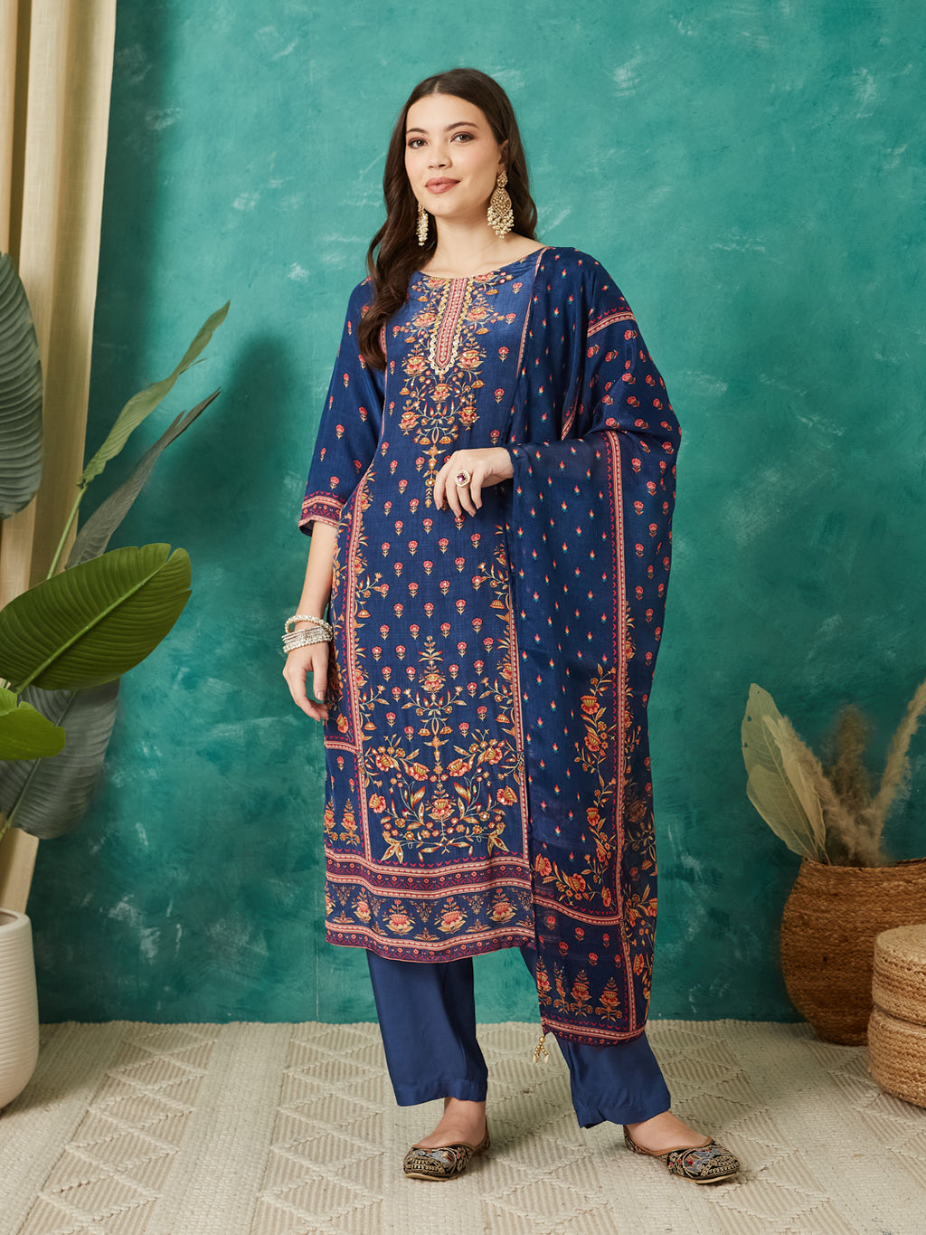 VASVI Women Crepe Printed Adda Work Kurta Set with Dupatta, Blue