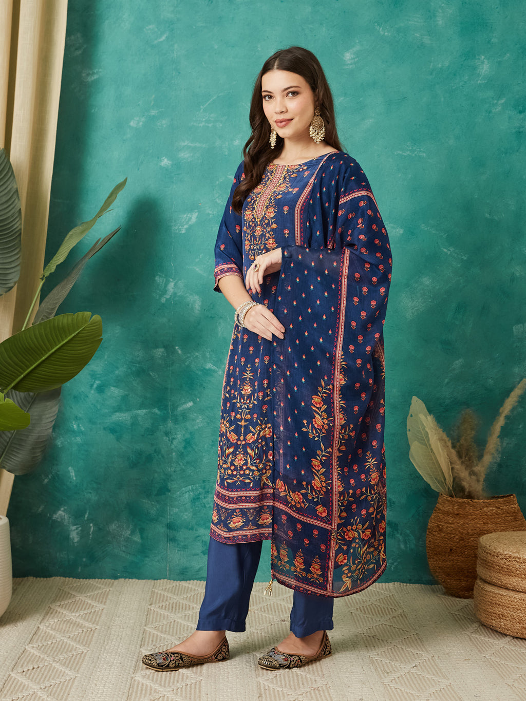 VASVI Women Crepe Printed Adda Work Kurta Set with Dupatta, Blue