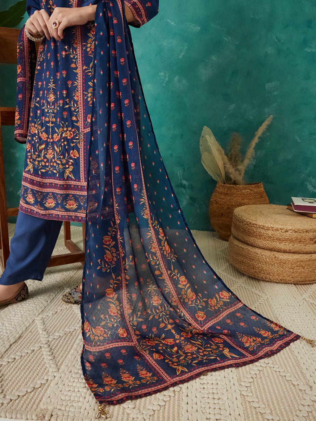 VASVI Women Crepe Printed Adda Work Kurta Set with Dupatta, Blue