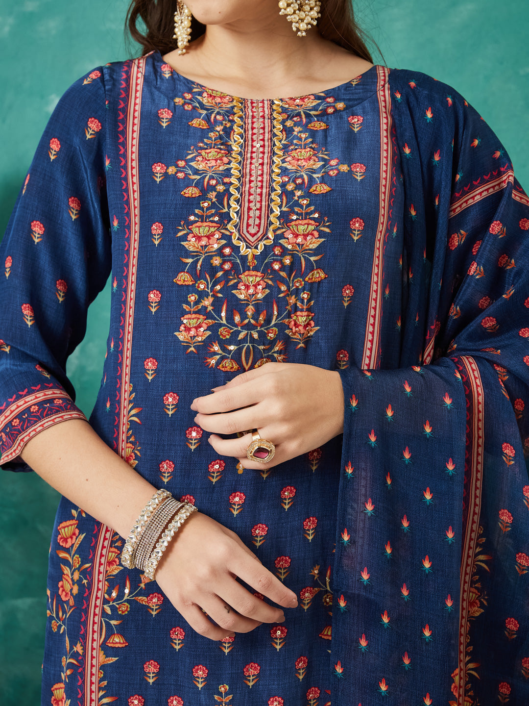 VASVI Women Crepe Printed Adda Work Kurta Set with Dupatta, Blue