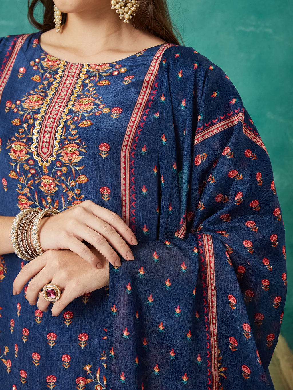 VASVI Women Crepe Printed Adda Work Kurta Set with Dupatta, Blue
