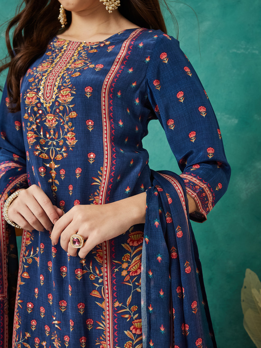 VASVI Women Crepe Printed Adda Work Kurta Set with Dupatta, Blue
