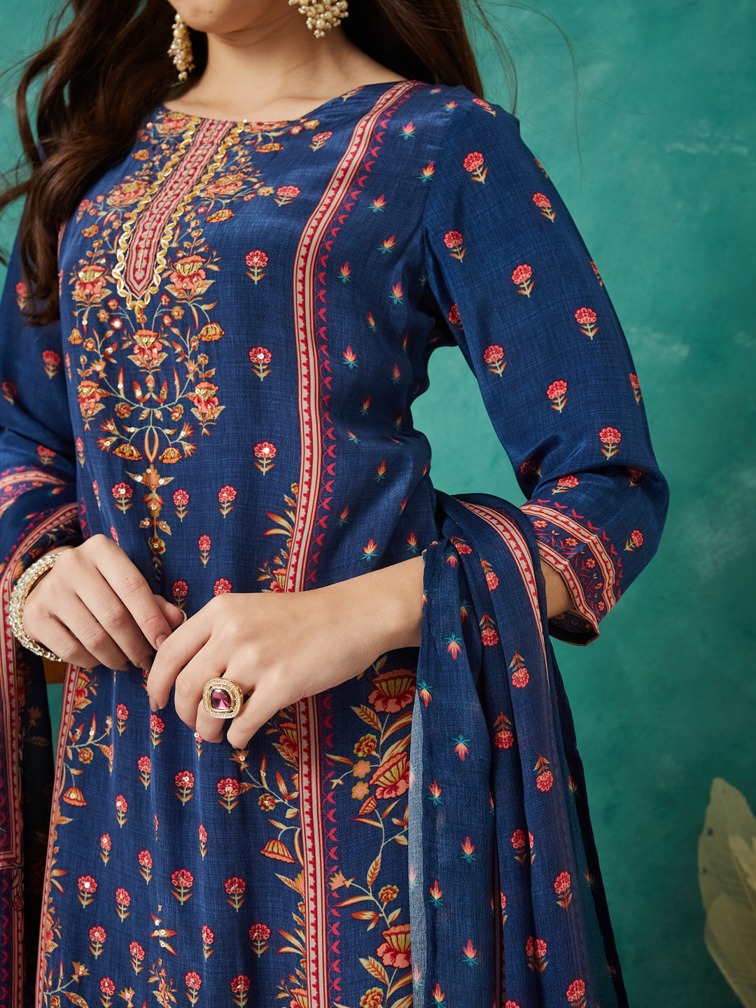 VASVI Women Crepe Printed Adda Work Kurta Set with Dupatta, Blue