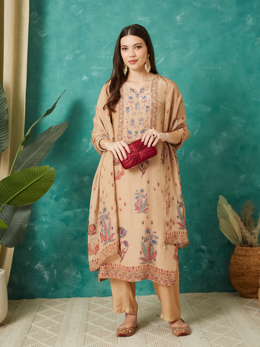 VASVI Women Crepe Printed Adda Work Kurta Set with Dupatta, Beige