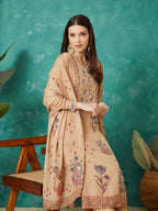 VASVI Women Crepe Printed Adda Work Kurta Set with Dupatta, Beige