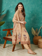 VASVI Women Crepe Printed Adda Work Kurta Set with Dupatta, Beige