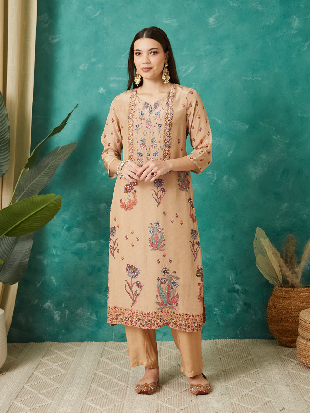 VASVI Women Crepe Printed Adda Work Kurta Set with Dupatta, Beige