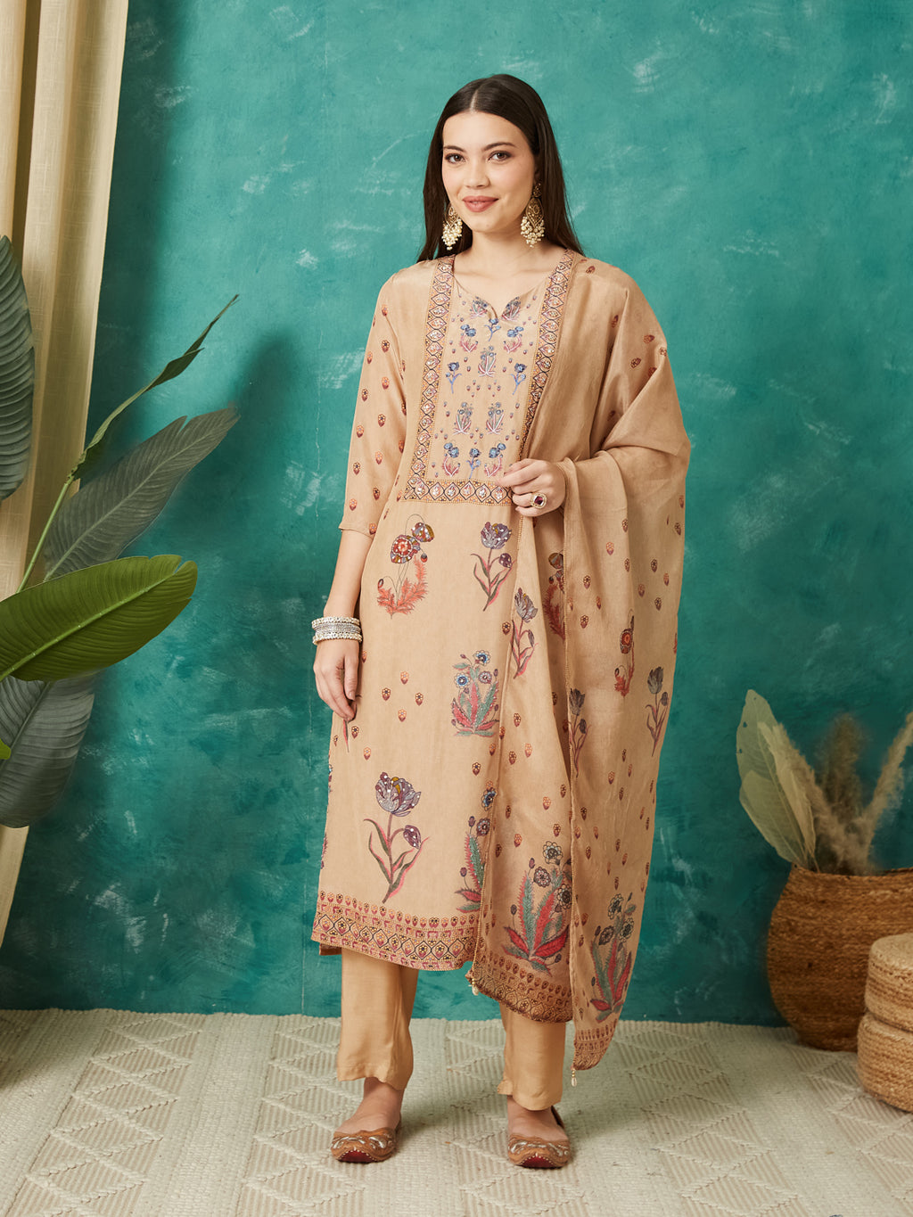 VASVI Women Crepe Printed Adda Work Kurta Set with Dupatta, Beige