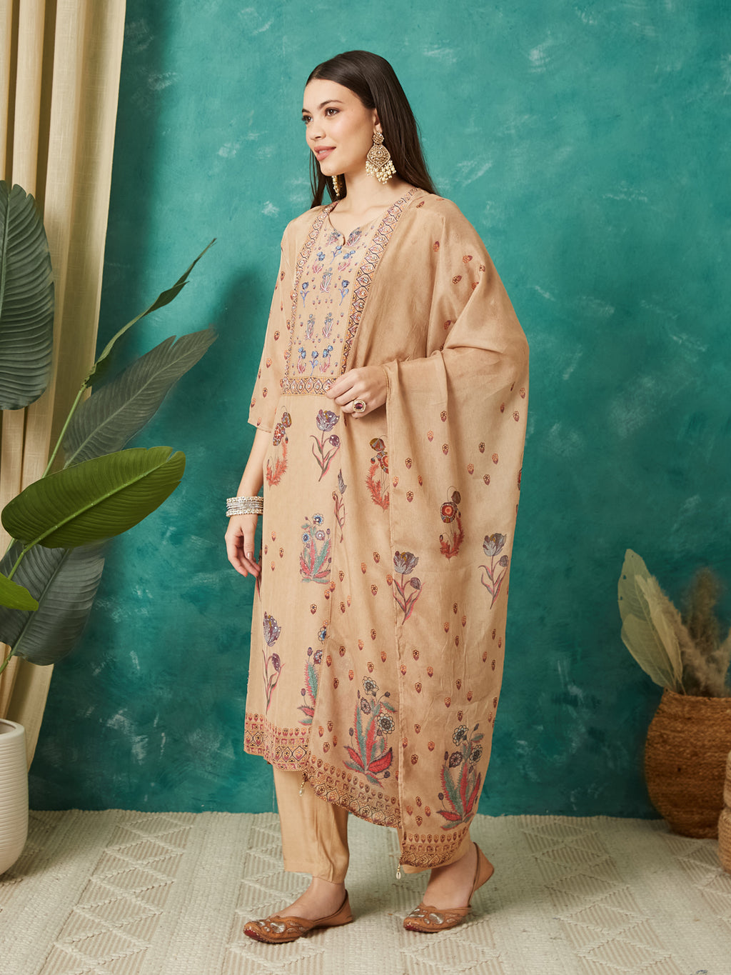 VASVI Women Crepe Printed Adda Work Kurta Set with Dupatta, Beige