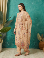 VASVI Women Crepe Printed Adda Work Kurta Set with Dupatta, Beige