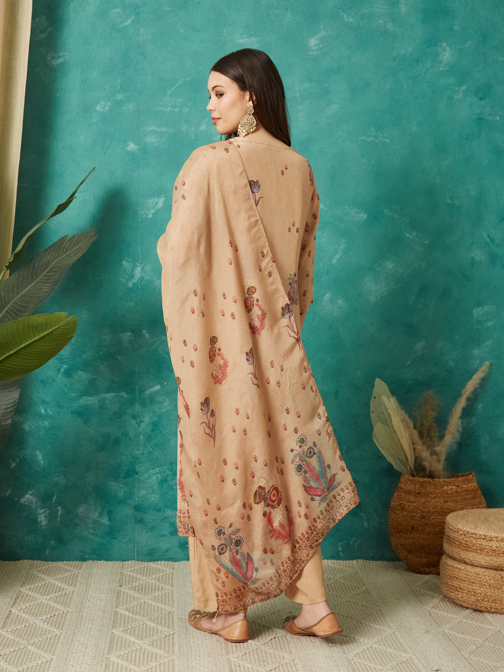 VASVI Women Crepe Printed Adda Work Kurta Set with Dupatta, Beige
