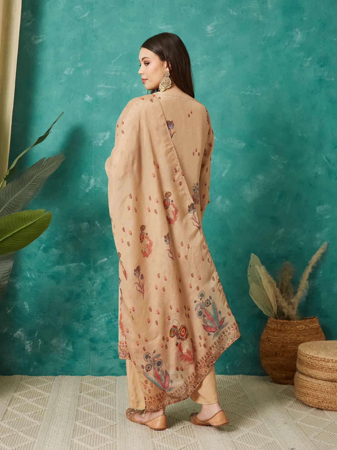VASVI Women Crepe Printed Adda Work Kurta Set with Dupatta, Beige