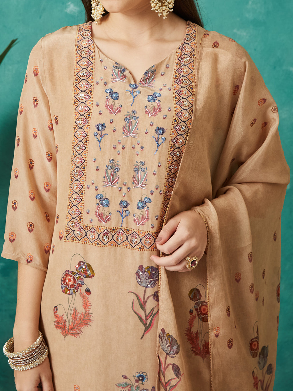 VASVI Women Crepe Printed Adda Work Kurta Set with Dupatta, Beige