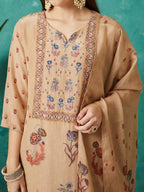 VASVI Women Crepe Printed Adda Work Kurta Set with Dupatta, Beige