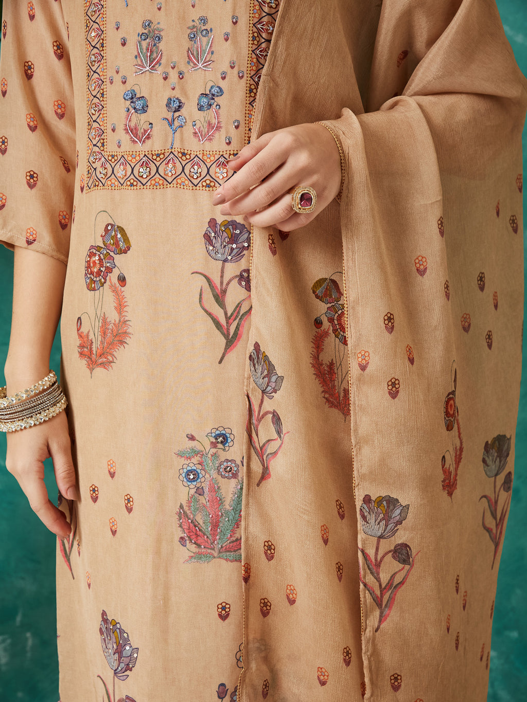VASVI Women Crepe Printed Adda Work Kurta Set with Dupatta, Beige