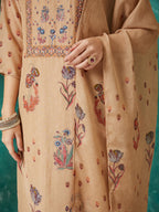 VASVI Women Crepe Printed Adda Work Kurta Set with Dupatta, Beige