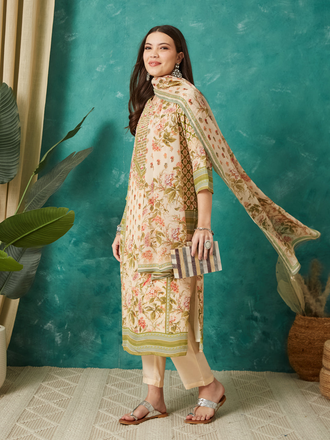 VASVI Women Crepe Printed Adda Work Kurta Set with Dupatta, Cream