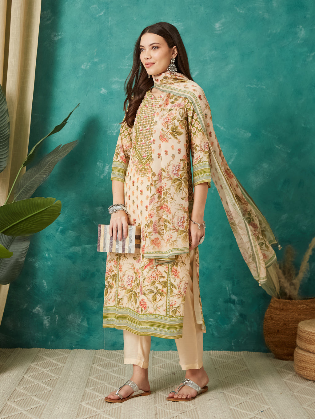 VASVI Women Crepe Printed Adda Work Kurta Set with Dupatta, Cream