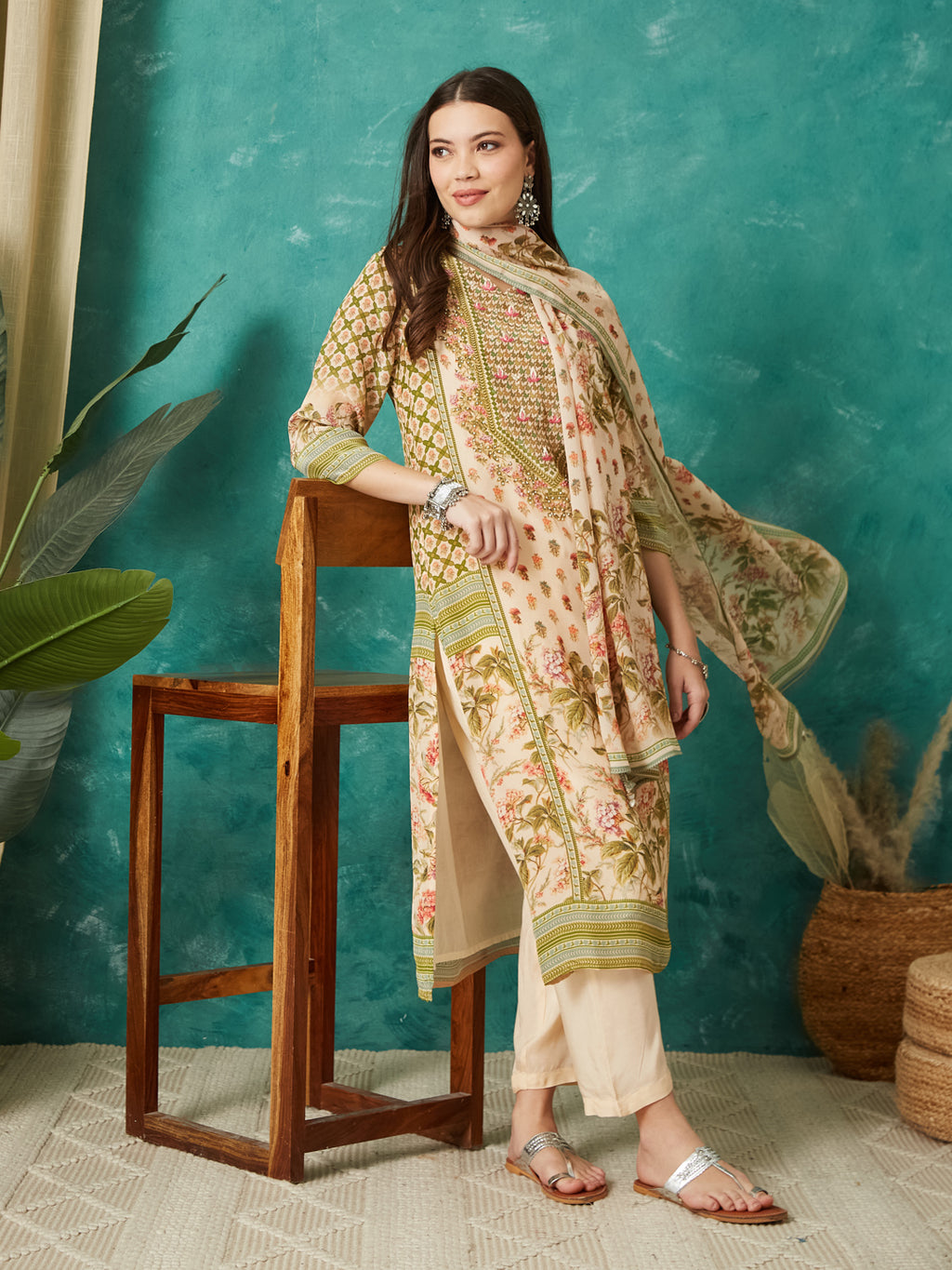 VASVI Women Crepe Printed Adda Work Kurta Set with Dupatta, Cream