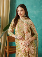 VASVI Women Crepe Printed Adda Work Kurta Set with Dupatta, Cream
