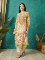 VASVI Women Crepe Printed Adda Work Kurta Set with Dupatta, Cream