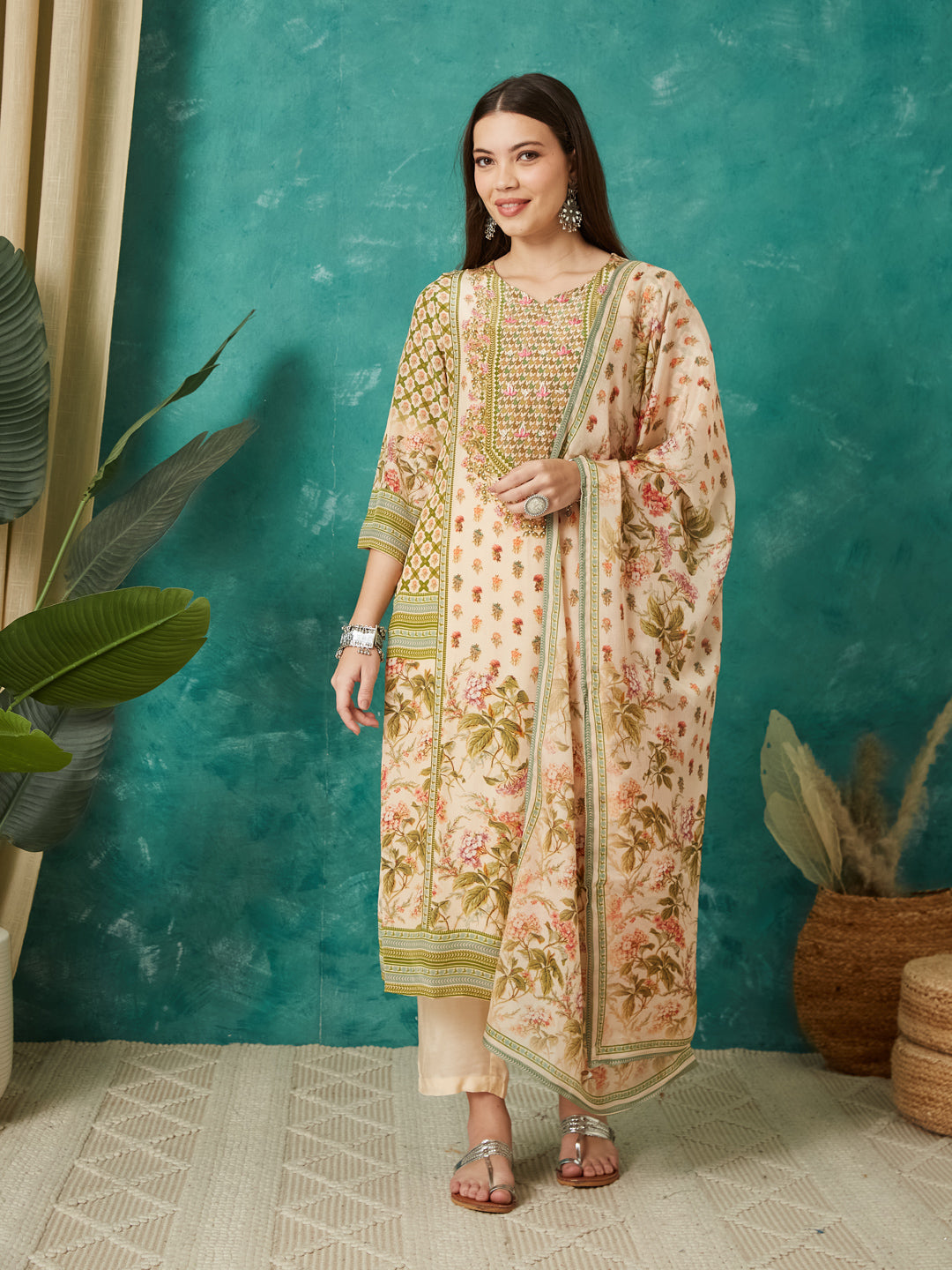 VASVI Women Crepe Printed Adda Work Kurta Set with Dupatta, Cream