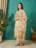 VASVI Women Crepe Printed Adda Work Kurta Set with Dupatta, Cream