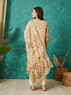 VASVI Women Crepe Printed Adda Work Kurta Set with Dupatta, Cream