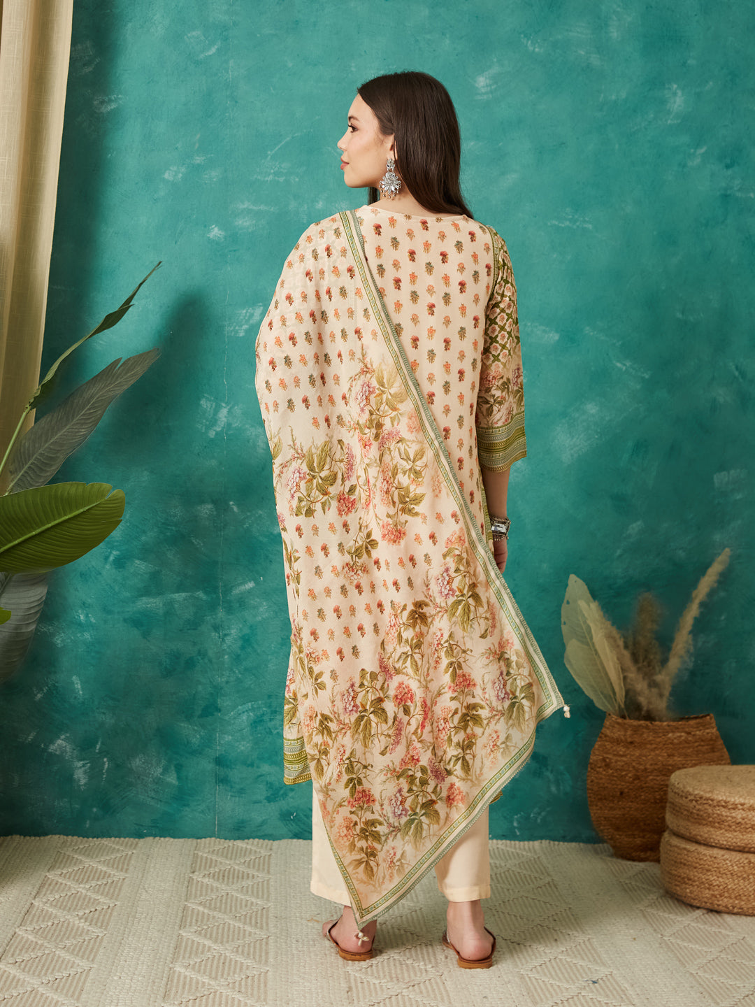 VASVI Women Crepe Printed Adda Work Kurta Set with Dupatta, Cream