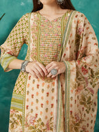 VASVI Women Crepe Printed Adda Work Kurta Set with Dupatta, Cream