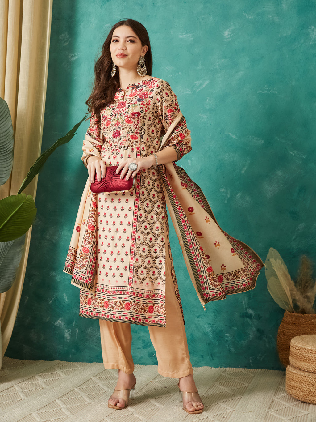 VASVI Viscose Printed Adda Work Kurta Pant with Dupatta, Ivory