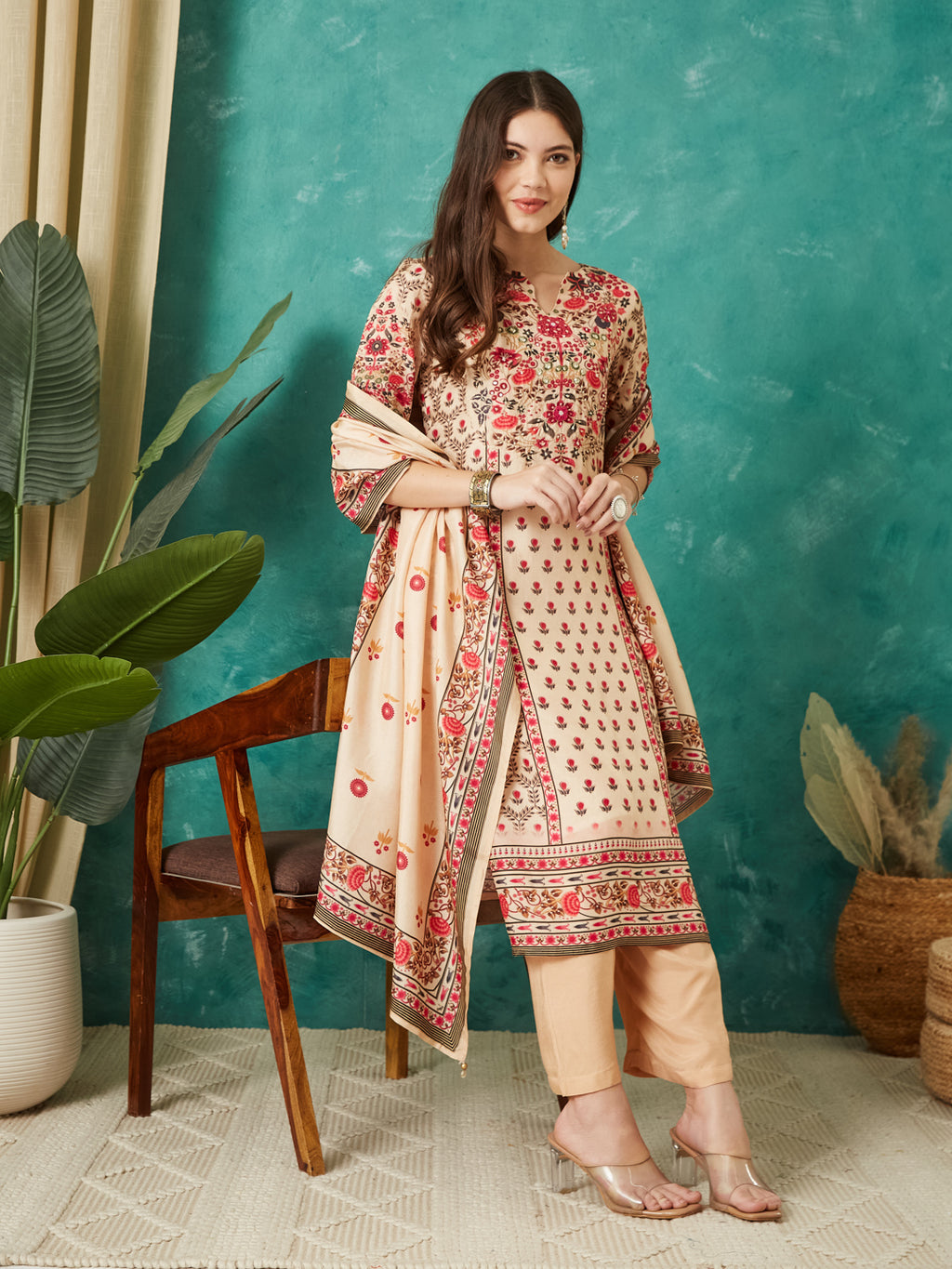 VASVI Viscose Printed Adda Work Kurta Pant with Dupatta, Ivory