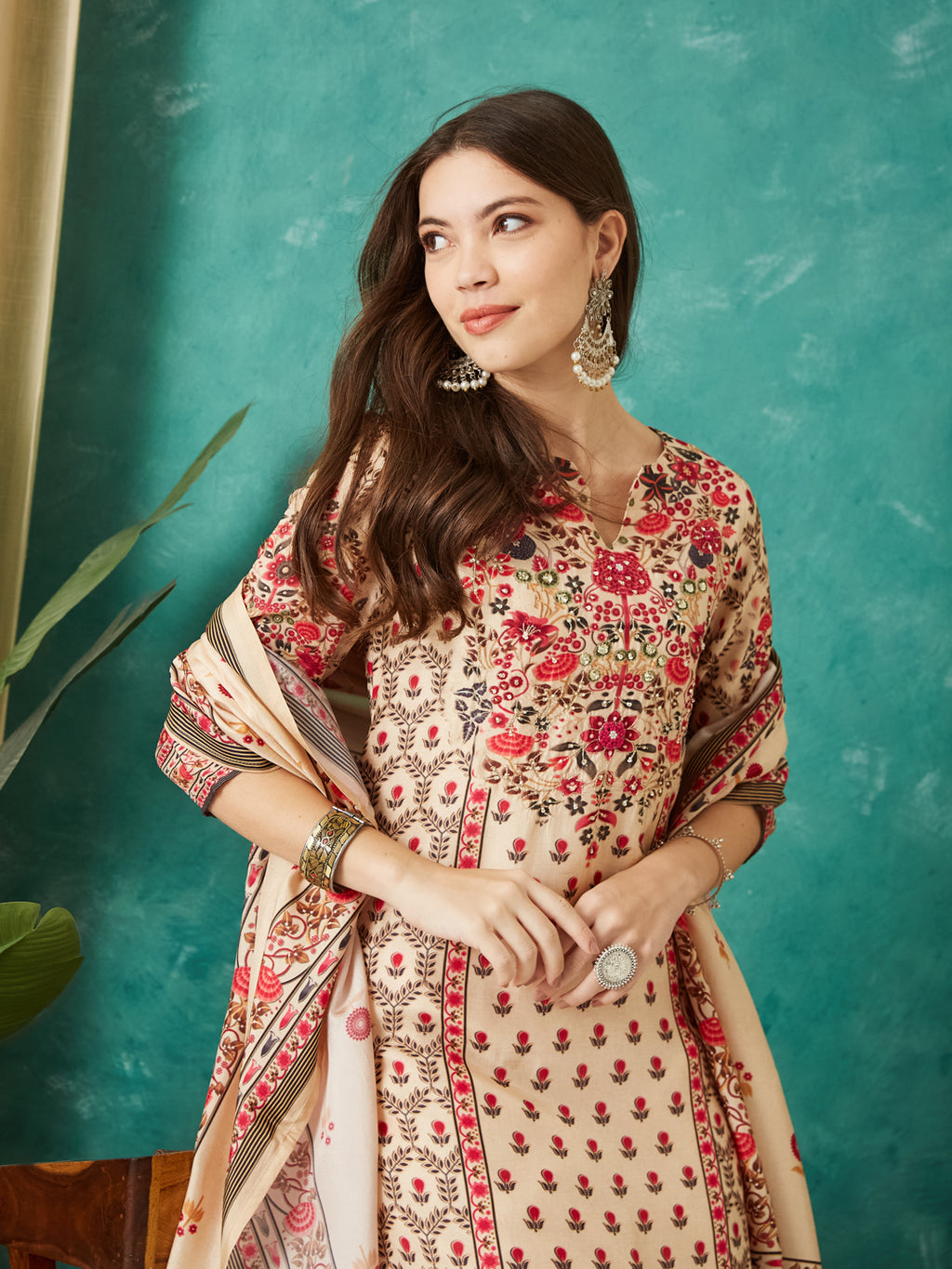 VASVI Viscose Printed Adda Work Kurta Pant with Dupatta, Ivory