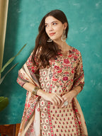 VASVI Viscose Printed Adda Work Kurta Pant with Dupatta, Ivory