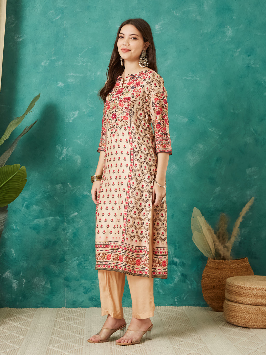 VASVI Viscose Printed Adda Work Kurta Pant with Dupatta, Ivory