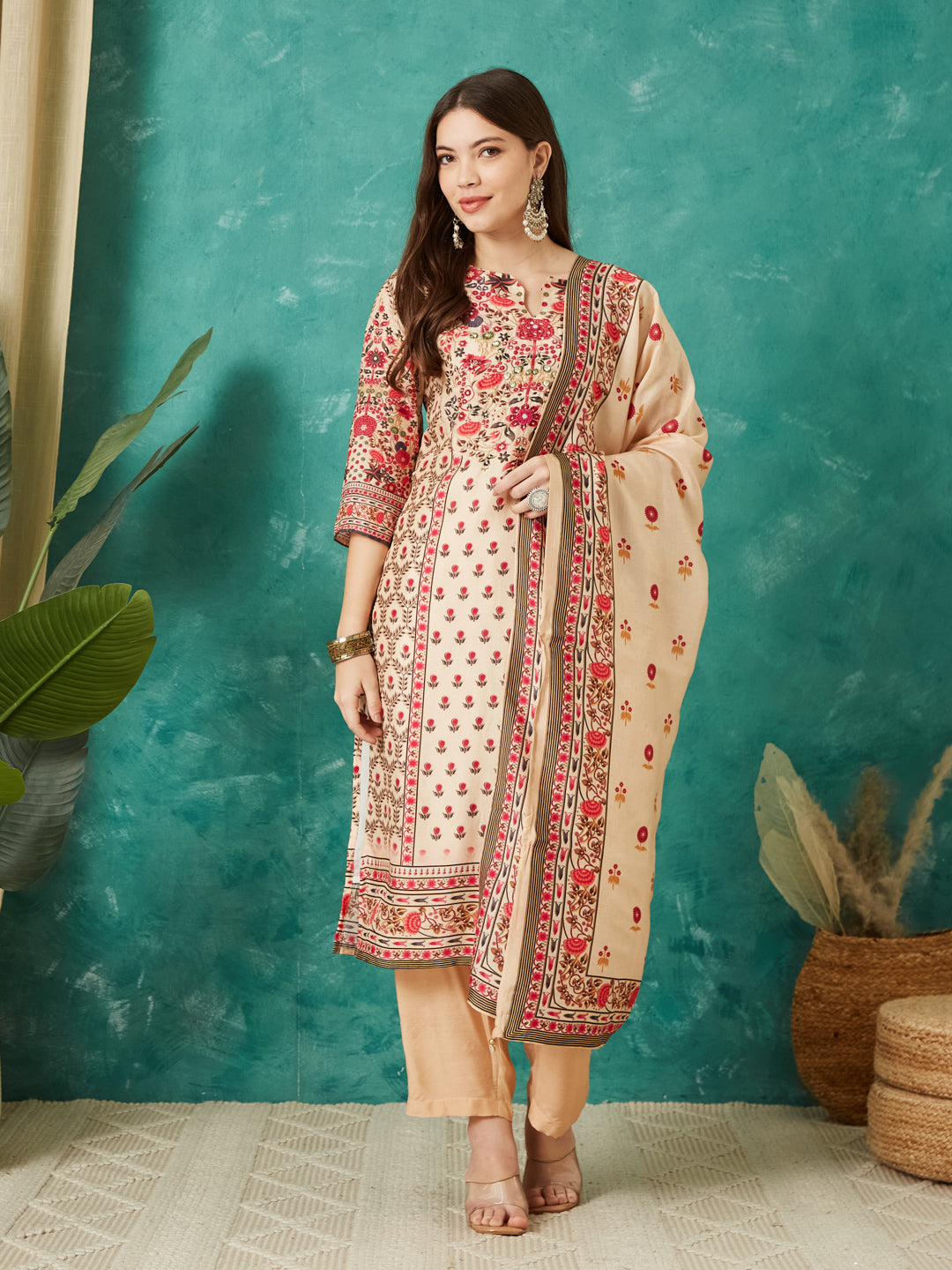 VASVI Viscose Printed Adda Work Kurta Pant with Dupatta, Ivory