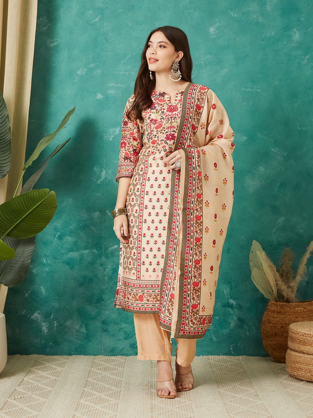 VASVI Viscose Printed Adda Work Kurta Pant with Dupatta, Ivory