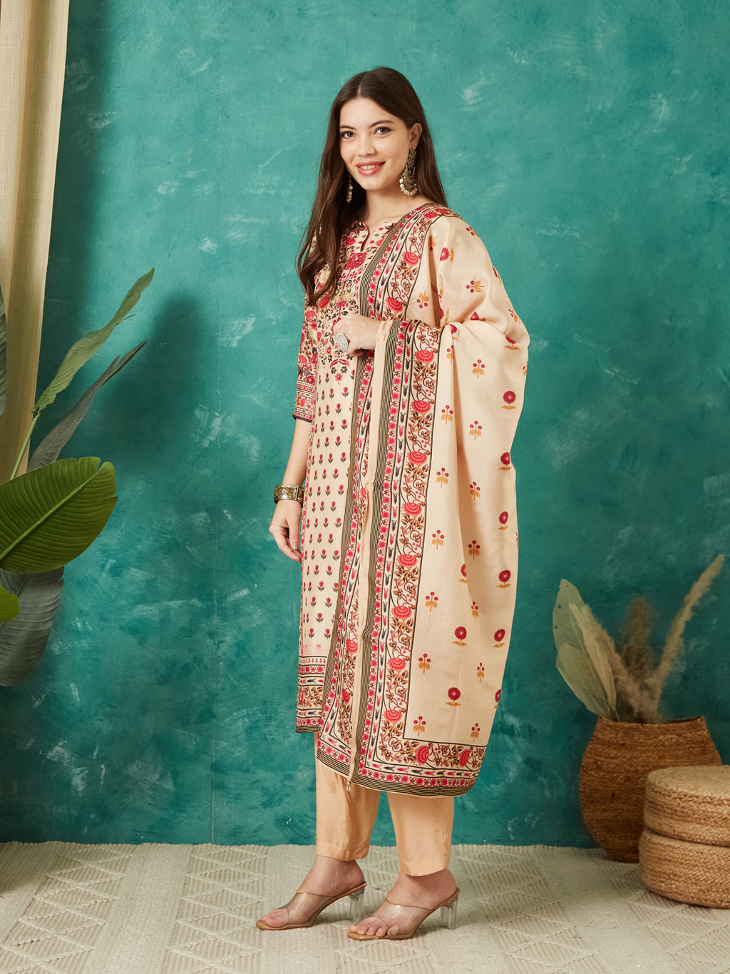 VASVI Viscose Printed Adda Work Kurta Pant with Dupatta, Ivory