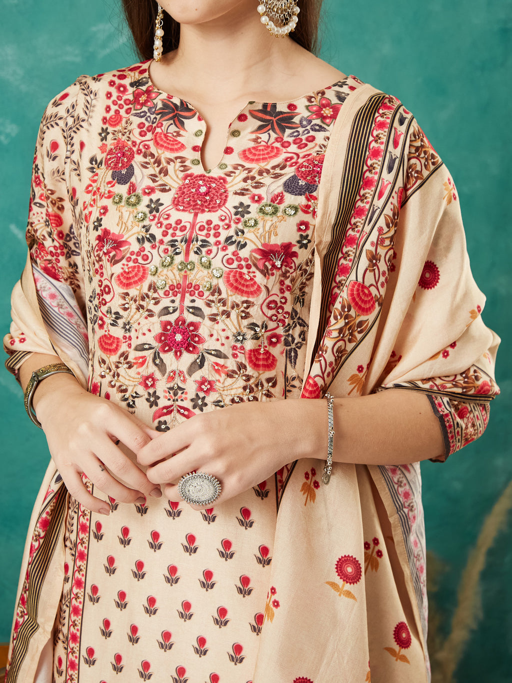 VASVI Viscose Printed Adda Work Kurta Pant with Dupatta, Ivory