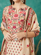 VASVI Viscose Printed Adda Work Kurta Pant with Dupatta, Ivory
