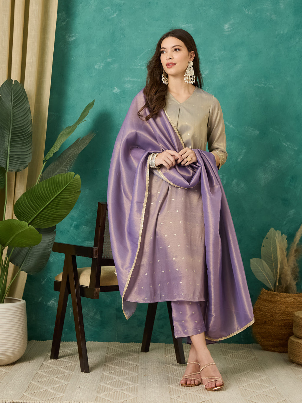 VASVI Chanderi Gold Printed Straight Kurta Pant with Dupatta, Grey