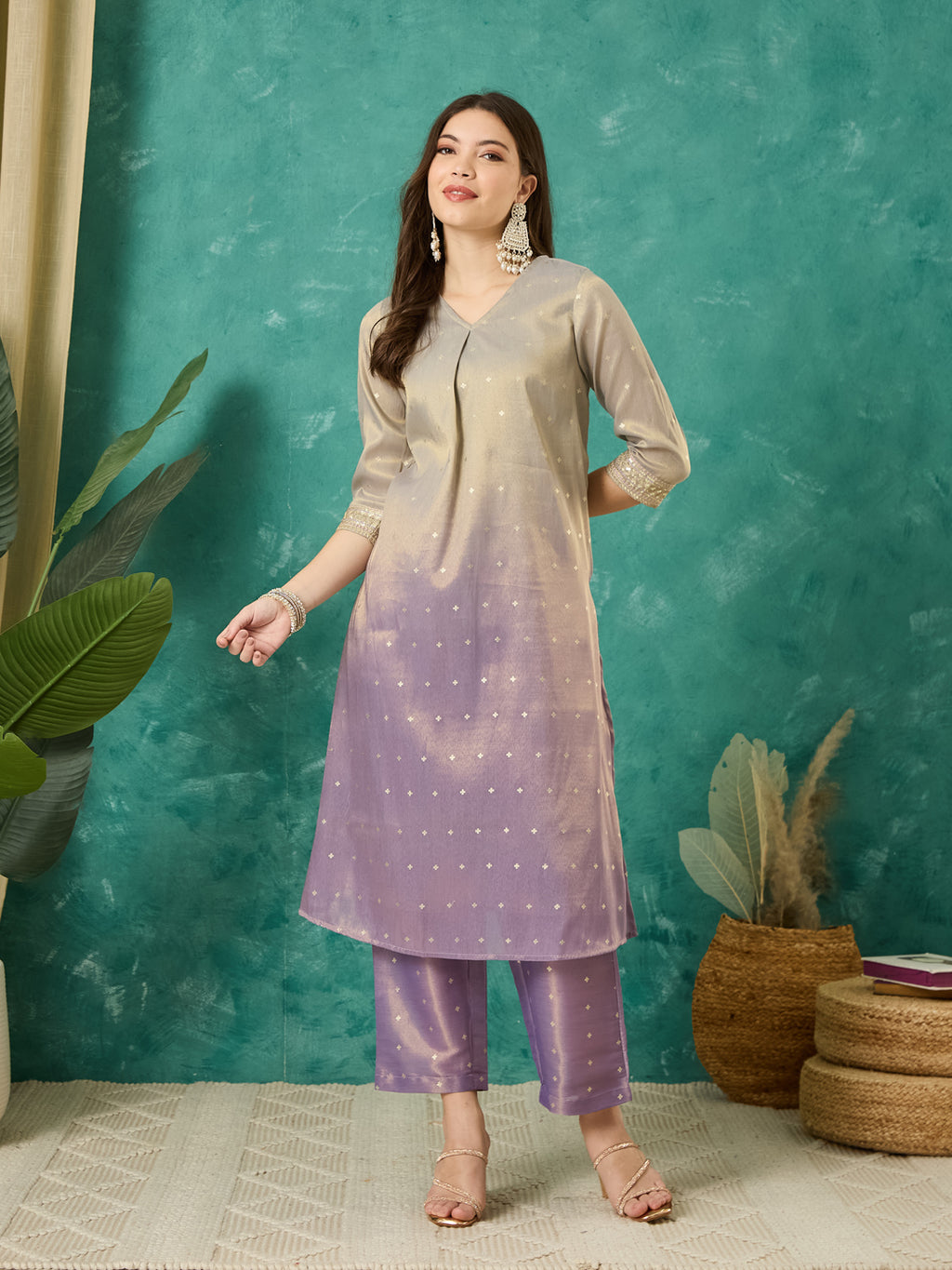 VASVI Chanderi Gold Printed Straight Kurta Pant with Dupatta, Grey