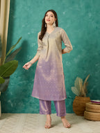 VASVI Chanderi Gold Printed Straight Kurta Pant with Dupatta, Grey