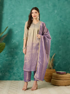 VASVI Chanderi Gold Printed Straight Kurta Pant with Dupatta, Grey