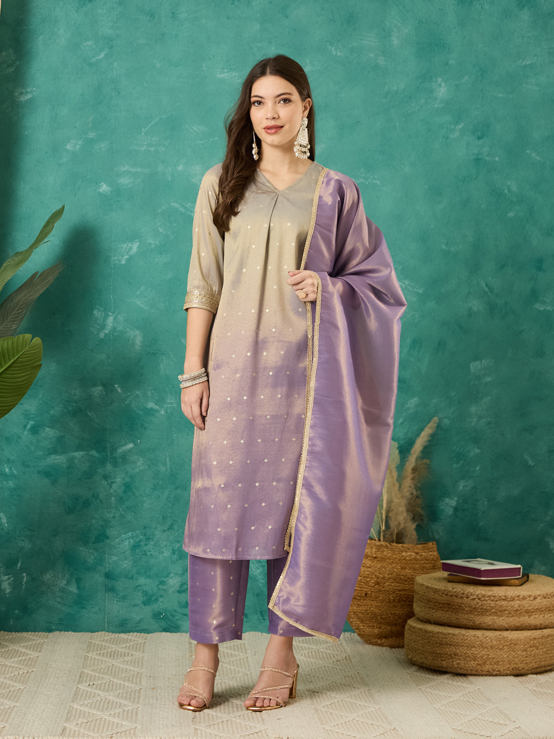 VASVI Chanderi Gold Printed Straight Kurta Pant with Dupatta, Grey