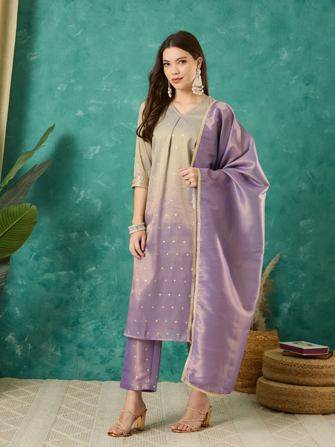 VASVI Chanderi Gold Printed Straight Kurta Pant with Dupatta, Grey